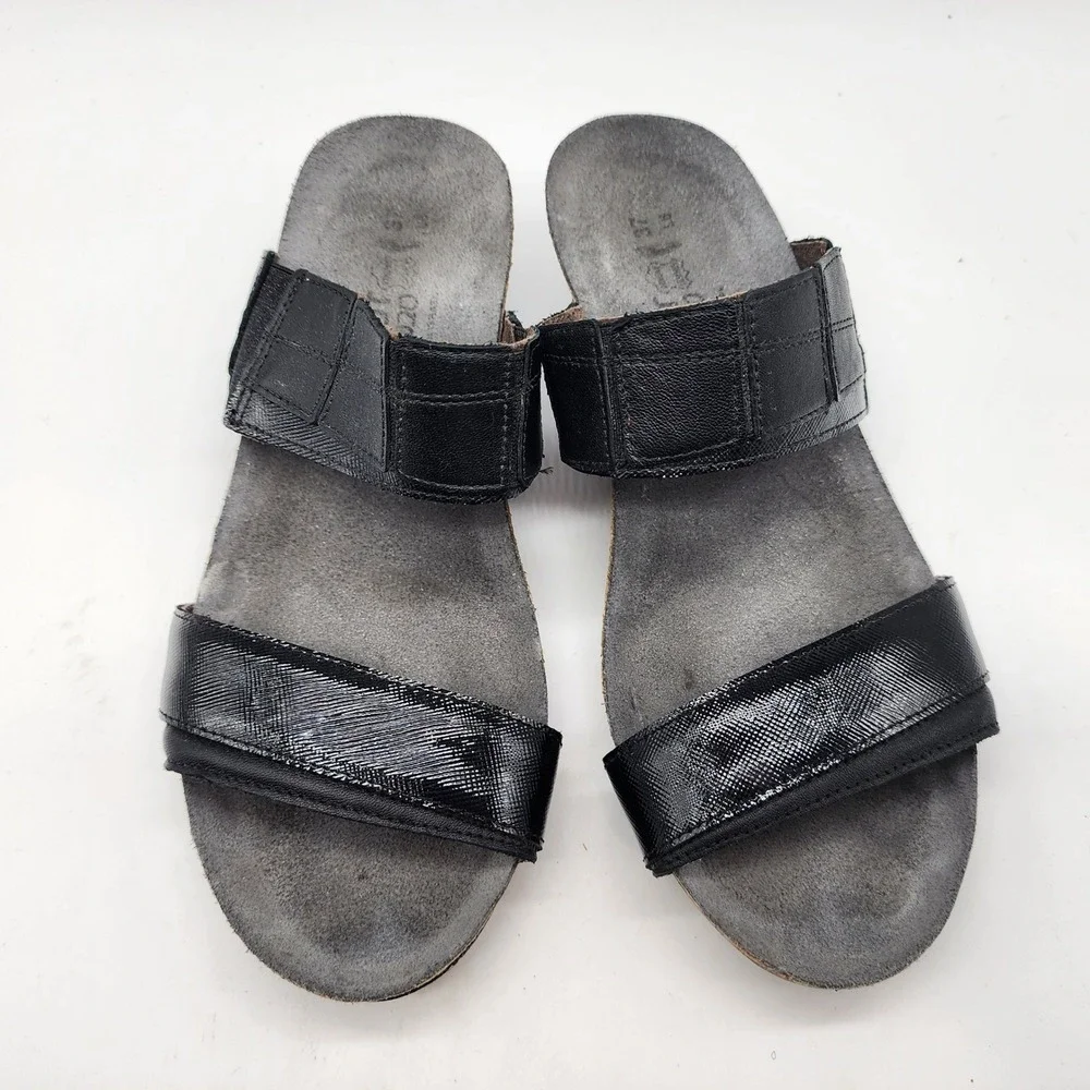 Naot Kayla Wedge‎ Sandals Womens 37 US 6 Black Leather Cork Footbed